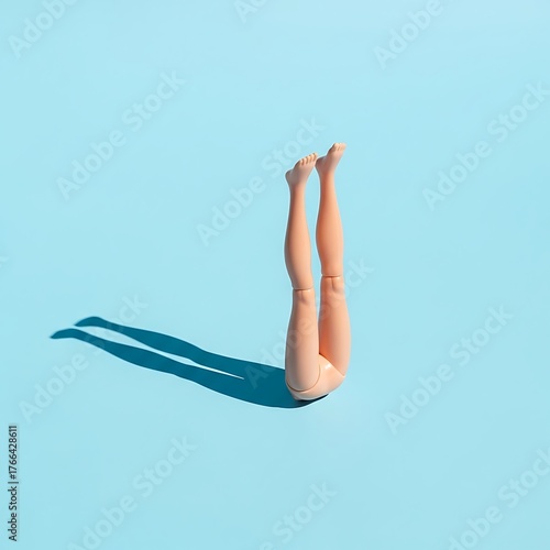 Minimal composition with doll legs and blue background. Sun and sharp shadows. Summer pool or sea diving concept. Vacation and relax inspiration.