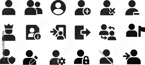 user profile and people management icons set with add delete settings and security features for web interface design isolated background.