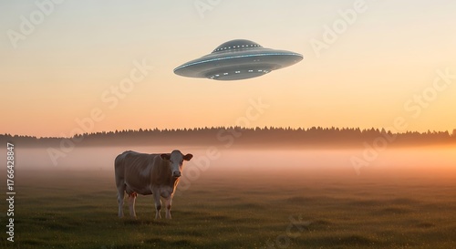 Cow Abduction - UFO Hovering Over Field at Sunrise.