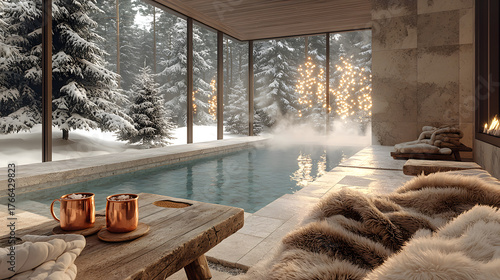 Luxurious winter pool retreat with heated stone bench, cozy atmosphere, and snowy forest view. Perfect for relaxation and tranquility
