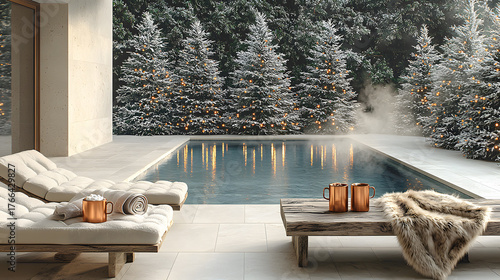 Luxurious winter pool retreat with heated stone bench, surrounded by snowy trees and festive decorations, creating serene and cozy atmosphere