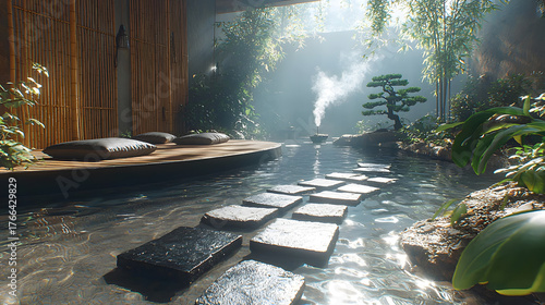 serene Zen pool area featuring stone stepping stones, lush greenery, and tranquil atmosphere. mist rises gently, creating peaceful retreat for relaxation