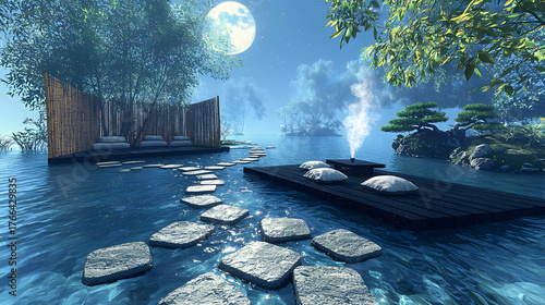 serene Zen pool area featuring stone stepping stones, surrounded by lush greenery and tranquil water. moonlight reflects beautifully on surface, creating peaceful atmosphere