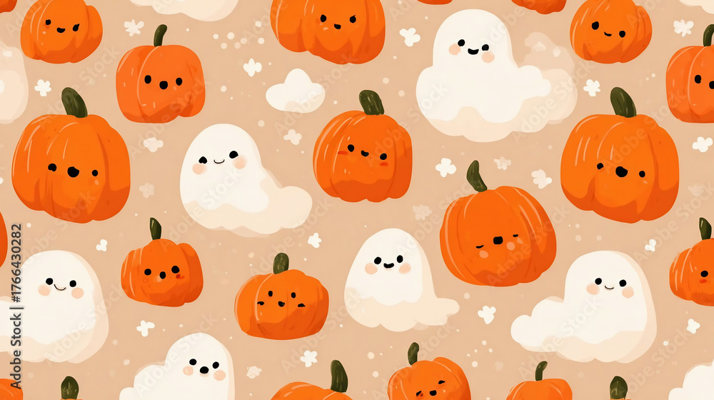 Obraz premium Halloween seamless pattern design with cute pumpkin emoticons