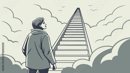 Person looking up at a long staircase leading into the clouds symbolizing hope and aspiration