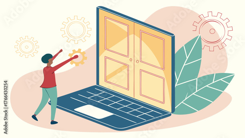 Person interacting with a large laptop screen displaying information and abstract shapes in a modern flat design