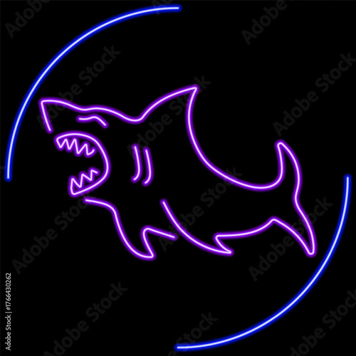 shark neon sign, modern glowing banner design, colorful modern design trends on black background. Vector illustration.