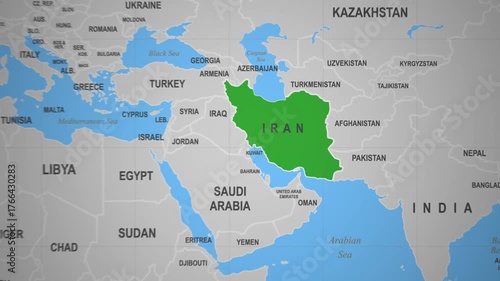 Iran highlighted on a world map display
