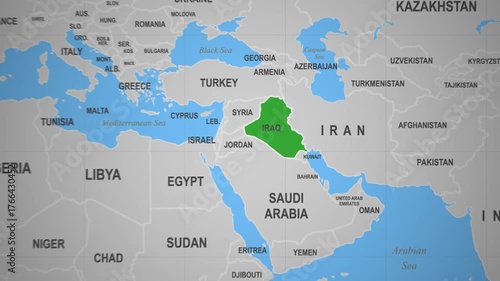 Iraq highlighted on a world map view
