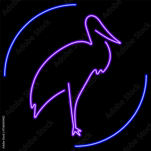 stork neon sign, modern glowing banner design, colorful modern design trend on black background. Vector illustration.