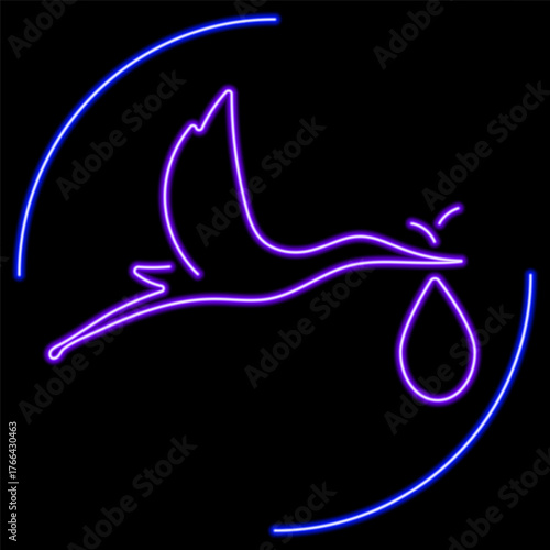 stork neon sign, modern glowing banner design, colorful modern design trend on black background. Vector illustration.