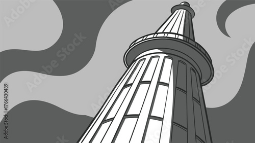 Dramatic low angle view of a tall classical column reaching towards a stylized sky