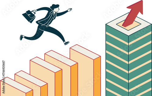 Businessman running up a rising bar graph towards a red arrow symbolizing success and growth