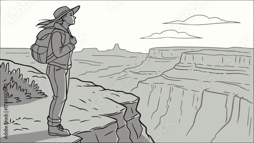Man wearing a backpack and hat stands on a cliff edge looking out at a vast canyon landscape