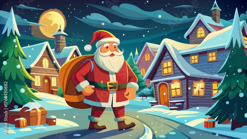 Realistic vector of Santa Claus walking through snowy village with bag of gifts, cloudy winter sky, decorated houses, glowing lights, warm cheerful scene, detailed textures and colors