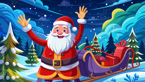 Vector illustration of Santa Claus waving from sleigh in snowy forest, cloudy winter sky, no sunlight, detailed snowflakes, vibrant red outfit, festive joyful atmosphere, realistic lighting