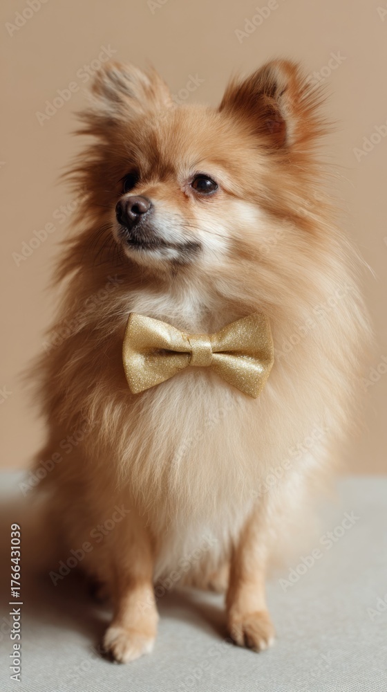 Obraz premium Dapper Pomeranian adorned in golden bow tie, exuding autumnal equinox charm and canine couture elegance, perfect for Pet Fashion Week