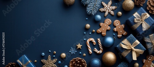 Festive Christmas Background with Gingerbread, Ornaments, and Gifts on Elegant Dark Blue Surface