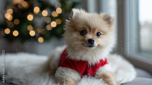 Pomeranian in festive attire lounges on plush fleece, exuding yuletide cheer, perfect for Hygge-inspired Christmas celebrations