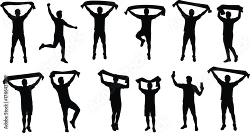 Celebration silhouettes, cheering fans, sports supporters, waving banners, jumping people, unity illustration, crowd excitement, scarf waving, victory celebration, fan culture
