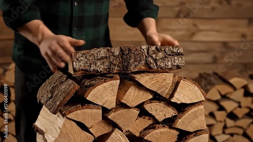 Person Stacking Firewood Wearing Green and Black Plaid Shirt in Front of Wood Wall Displaying Natural Wood Textures and Pile High Stack of Logs