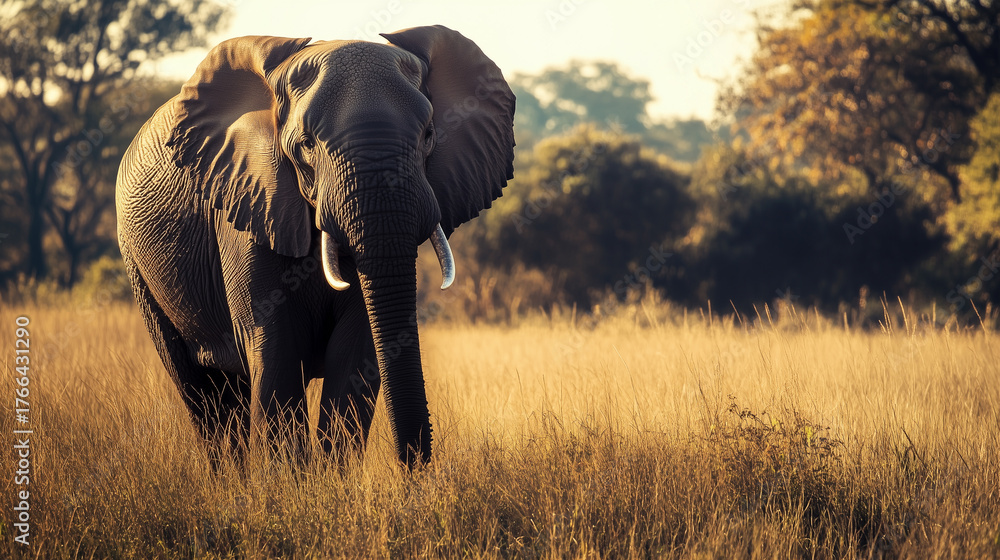 Fototapeta premium A huge elephant bull approaches in golden light
