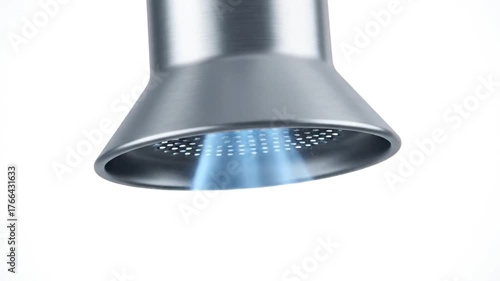 Chrome Metal Faucet with Blue Water Stream on White Background Clean Modern Design Fixture for Bathroom Kitchen Sink Plumbing and Water Conservation Theme