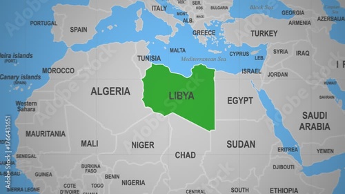 Libya highlighted on a world map view
