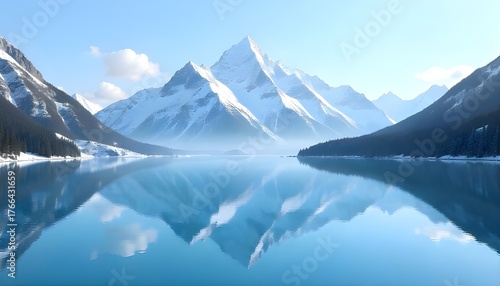 Snow-covered mountain peaks reflecting on calm lake under clear blue sky