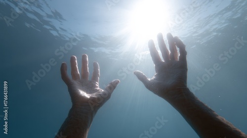 Floating hands reaching towards celestial luminescence, echoing Midsummer rituals, luminous water gestures, transcendent aquatic meditation