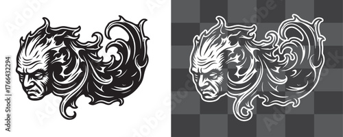 Flaming Demon Head Vector Illustration in Dark Gothic Style Featuring Flames and Fierce Expression Perfect for Tattoos Stickers Posters and Heavy Metal Fantasy Vector Graphic Design Artwork Projects