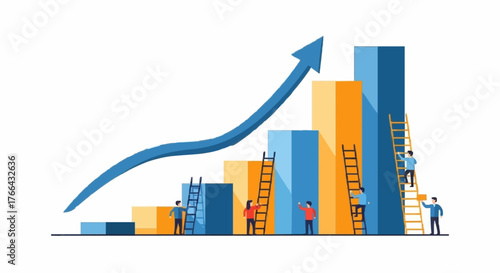 A colorfull vector illustration showing people climbing ladders to reach the top of a bar graph with an arrow pointing up .