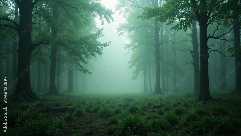 Fototapeta premium Enchanted Misty Forest with Lush Greenery for Nature Blogs, Environmental Education, Wellness Articles, and Meditation Content