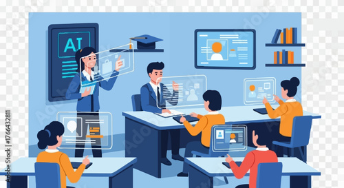 A colorfull vector illustration of a classroom with students and a teacher using ai technology for learning and instruction .