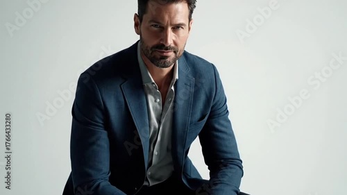 Portrait of a Confident Man in Blue Blazer Sitting with Hands Clasped Against White Background, Studio Lighting, Warm Tone, Professional Headshot
