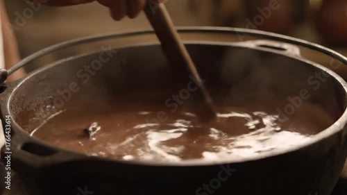 Close Up Of A Brown Liquid Being Stirred In A Large Metal Pot With A Wooden Spoon Under Warm Light, Cooking Food Preparation Background