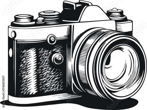 Black and white vector illustration of a vintage camera