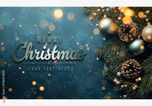 Blue Christmas Card With Decorations And Tree Mockup. Generative Ai