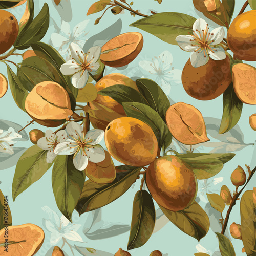Naseberry sapodilla slices fruits seamless botanical pattern vector illustration