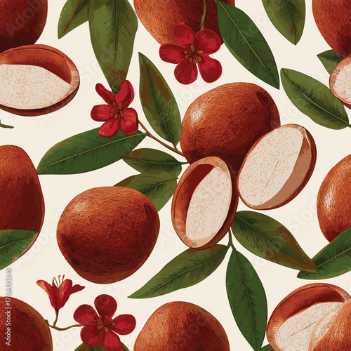 Naseberry sapodilla slices fruits seamless botanical pattern vector illustration