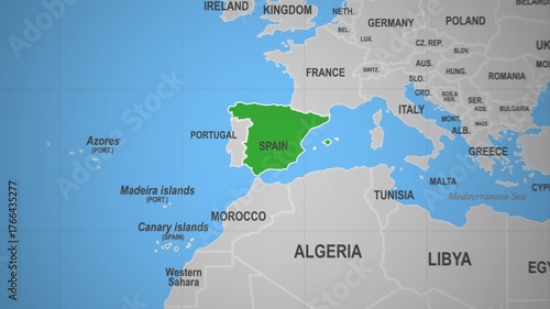 Spain highlighted on a world map view
