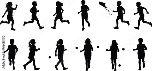 Children silhouettes, kids playing, running, walking, flying kite, sports activity, childhood motion, outdoor fun, playful moments, active lifestyle, minimal illustration