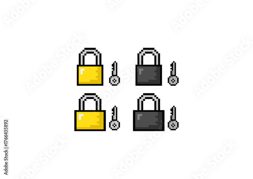 Pixel art of four padlocks with matching keys in yellow and gray, symbolizing security, protection, and digital safety in a retro style.