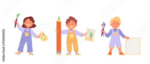 Children artists holding paintbrush, pallette, canvas and giant colored pencil. Happy boys and girl drawing pictures