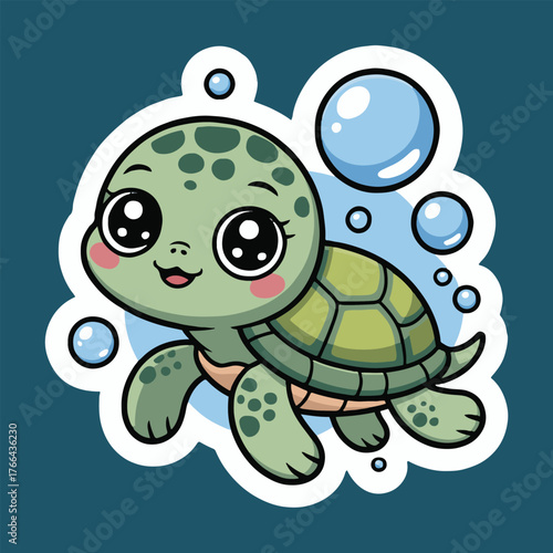 A cartoon turtle with big eyes and a smile surrounded by bubbles on a blue background art sticker