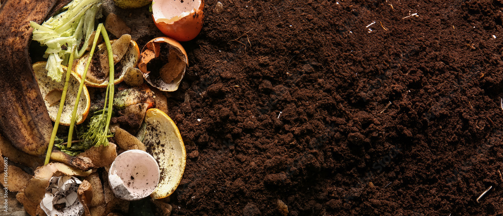 Organic waste on soil, closeup. Compost recycling concept
