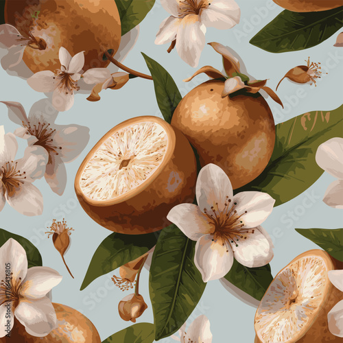 Naseberry sapodilla slices fruits seamless botanical pattern vector illustration