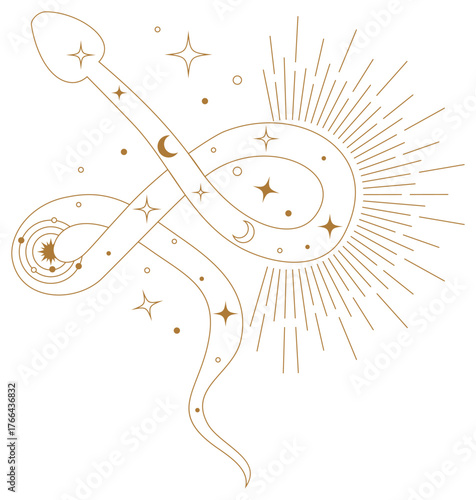 Esoteric line art tattoo design with stylized Kundalini snake and sacred geometry elements. Spiritual minimalist vector symbolizing divine awakening transformation energy and peace.