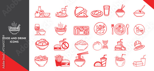Assorted Food and Drink Line Icons. Restaurant nutrition fresh meal menu. Delicious, healthy , diet eating and drinking vector
