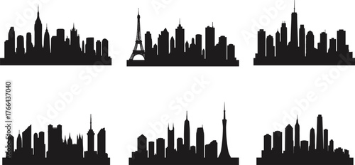 City skyline silhouettes, New York, Paris, Chicago, London, Shanghai, Dubai, global landmarks, urban architecture, famous buildings, travel illustration